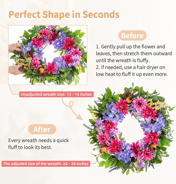 NUPTIO Summer Wreath for Front Door: 24 Inch Spring Wreaths with Hydrangea Lavender Lilac Dahlia Gerbera Hanger - Outdoor Indoor Realistic Artificial Flowers Holiday Decor for Wall Window Porch