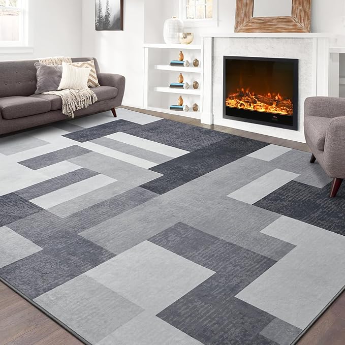FlyDOIT Modern Geometric Patchwork Area Rug, 5x8 Gray Large Rugs for Living Room, Rockwood Collection Indoor Rugs for Bedroom, Throw Carpet Floor Decor for Entryway Dining Room Office Dorm Nursery