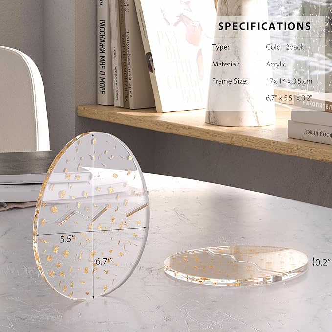 Acrylic Coaster Decorative Plates,2Pcs/Set Office Desk Accessories, Clear Dinosaur Egg Shape Coffee Cup Decor, Perfect for Tabletop Protection and Display.（Gold）