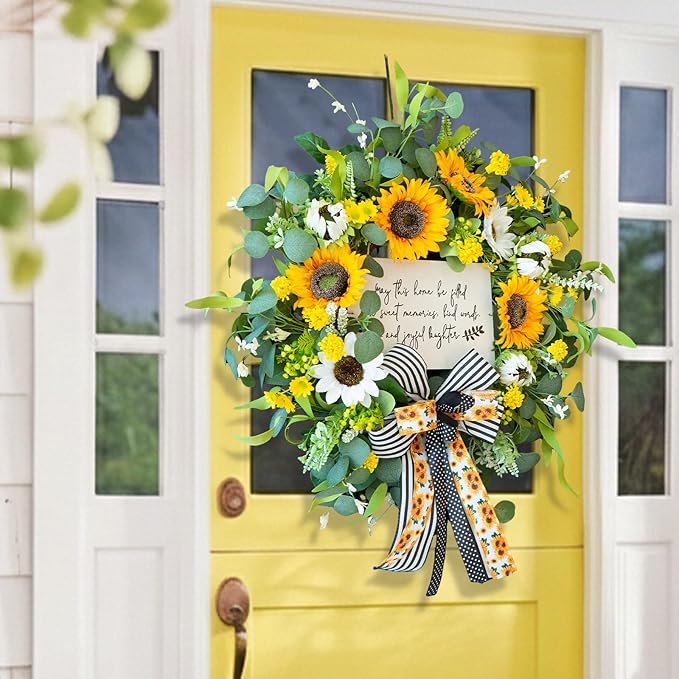 Spring Wreaths for Front Door 24 Inch Handmade Spring Summer Wreath with Artificial Sunflowers,Welcome Message Sign & Elegant Bow and White Yellow Daisy Wildflowers for Home,Porch&Gift Giving