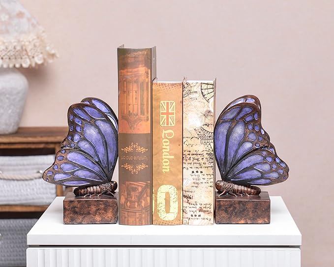Vintage Purple Butterfly Bookends,Resin Book Ends for Shelves,Heavy Duty Decorative Bookends,Creative Book Stopper Holder Decor for Desk Home Office,Shelf Decoration,Gifts for Mother's Day