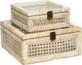 DECOR4SEASON Rattan and Cane Square Stacking Boxes with Glass Top Lid - Set of 2 for Boho, and Rustic Farmhouse Décor, White Wash