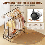 TigerParty Double Rods Clothes Rack for Hanging Clothes, Rolling Clothing Rack with Wheels, Freestanding Garment Racks with 2 Shelves for Bedroom Laundry Living Room