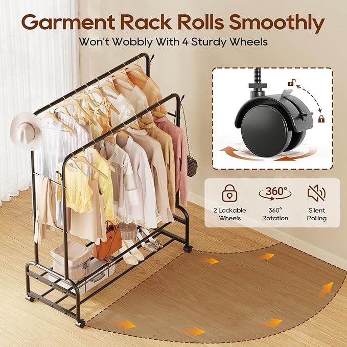TigerParty Double Rods Clothes Rack for Hanging Clothes, Rolling Clothing Rack with Wheels, Freestanding Garment Racks with 2 Shelves for Bedroom Laundry Living Room