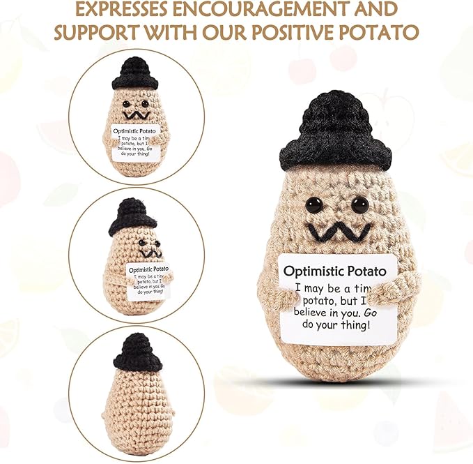 DAFURIET Funny Potato Crochet Gift, 3.7in Handmade Kintted Wool Doll with Emotional Support Card, Cute Cheer Up Gifts for Friends Dad Birthday Party Desktop Decors(Handsome Potato)