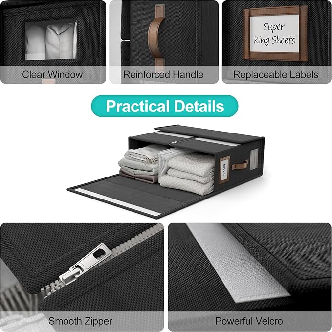 4 Pack Foldable Bed Sheets Set Organizers and Storage(Cal King Size),Linen Fabric Closet Organizers with Window,Folding Bedding Storage Box for Bedsheets and Pillow Cube Organizer-Black