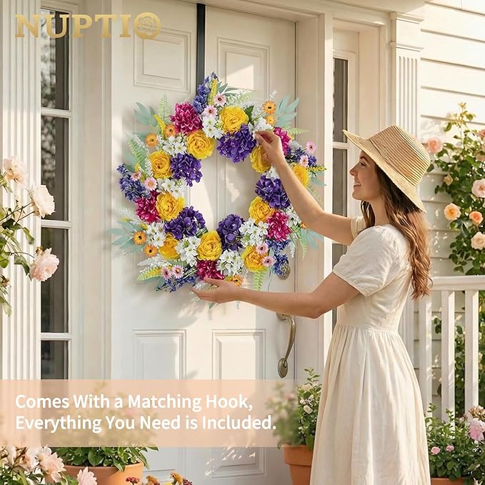 NUPTIO Summer Wreath for Front Door: 26 Inch Spring Wreaths with Hydrangea Daisy Peony Ranunculus Dahlia Hanger - Outdoor Realistic Artificial Flowers Holiday Decor for Wall Window Porch