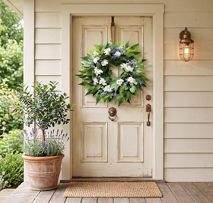 22 Inch Blueberry Spring Summer Wreath for Front Door, Artificial Wreath with Blue Berries and White Blossoms, Modern Farmhouse Wall Wedding Home Outdoor Decor, Year Round All Season Greenery Wreath