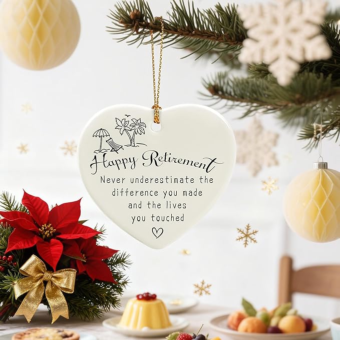 Happy Retirement Gifts | Retirement Gifts for Women, Men, Coworker, Boss, Employee, Teacher, Nurse | Thank You Gift, Appreciation Gift for Women Men | Ceramic Heart Christmas Ornament