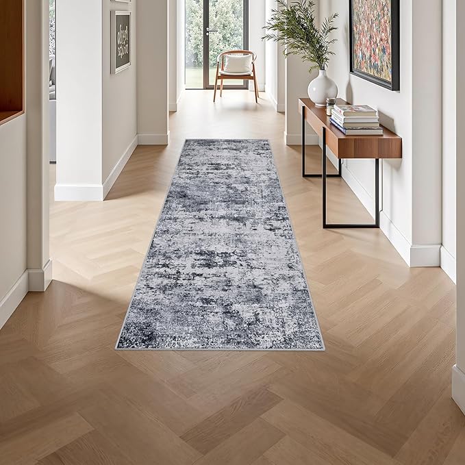 2'x6' Runner Rug Washable Rug: Modern Abstract Soft Thin Runner Rug Grey