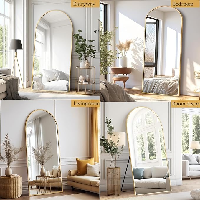 Dewfig Arched Full Length Mirror, 71"*30" Large Floor Mirrors, Full Body Mirror for Leaning or Hanging, Standing Mirrors for Bedroom, Living Room,Dressing Room, Aluminum Alloy Frame, Gold