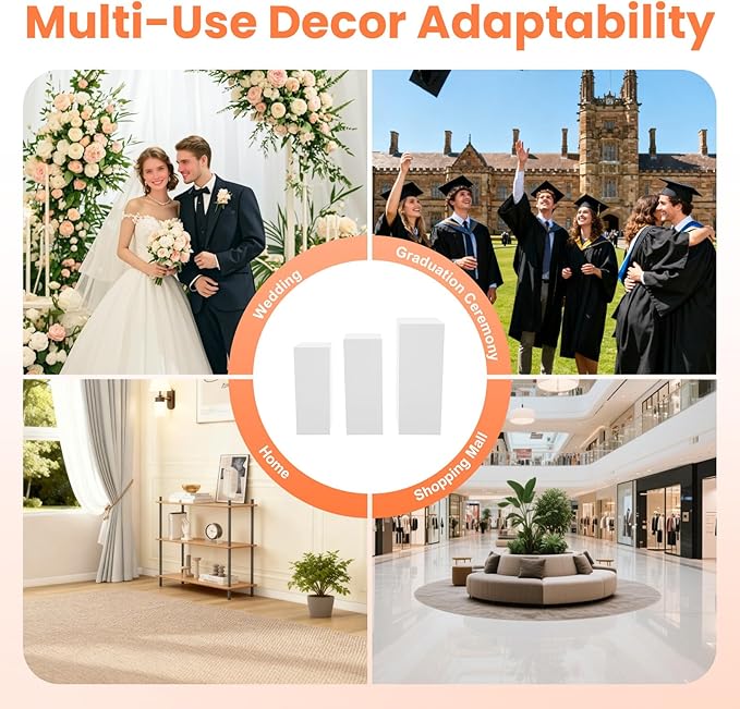 3Pcs Square Display Pedestal Stands Set for Party, Metal Display Stand Plinth Pillars, Cake Stands Pillars for Wedding Birthday Art Decor Risers, 11.8*31.5" (L), 11.02*25.6" (M), 10.24*23.6" (S)