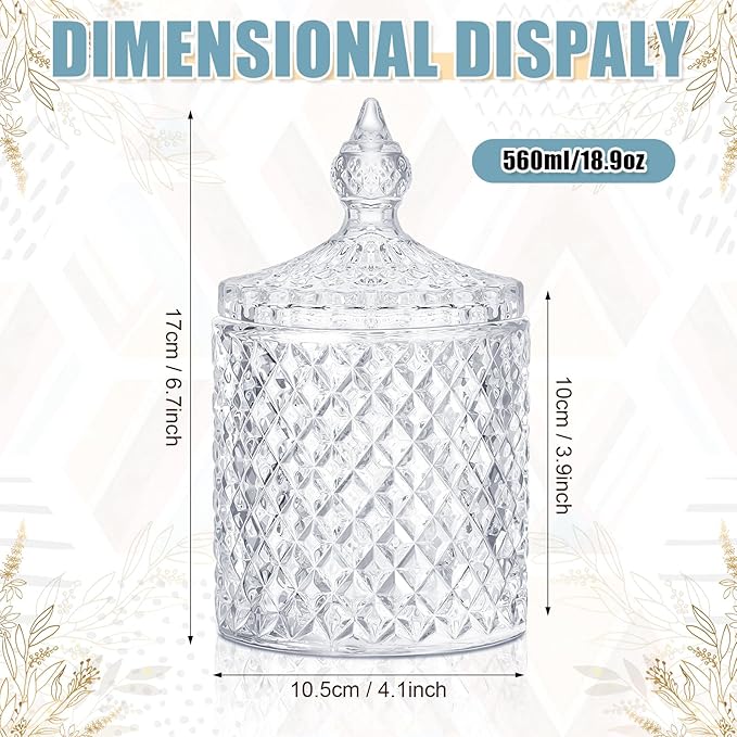 Aoriher 4 Pcs Crystal Glass Candy Jar Set with Lids Home Decorative Storage Jars for Apothecary, Bathroom, Kitchen, and Pantry, Ideal for Cotton Swabs and Jewelry(Large,Clear)