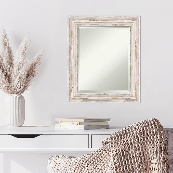 Amanti Art White Wall Mirror 25x21 Alexandria White Wash Rectangle Bathroom Mirror for Wall Decor Living Room, Small Cottage Wood Frame, Hangs Horizonally and Vertically, Bathroom Decor, Beveled Edge