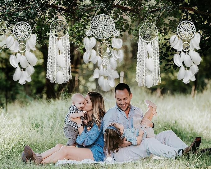 Dream Catchers Boho Wall Decor - Handmade Moon and Sun Feather Dreamcatcher Set, Traditional Native American Wall Hanging for Kids Bedroom, Adult Living Room, Home Bohemian Decor (White, 5 pcs)