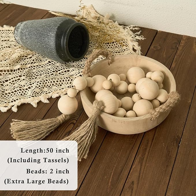 2" Extra Large Wood Bead Garland with Tassels, 50" Long Rustic Farmhouse Wooden Beads Garland, Decorative Beads Boho Decorations for Home Table Mantle Natural Beige