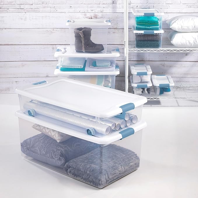Sterilite 12-Pack Latching Box, Under Bed Storage Bins with Lids, Clear Plastic, 32 Quart - Heavy-Duty Organizing Containers for Closet, Bathroom, and Office