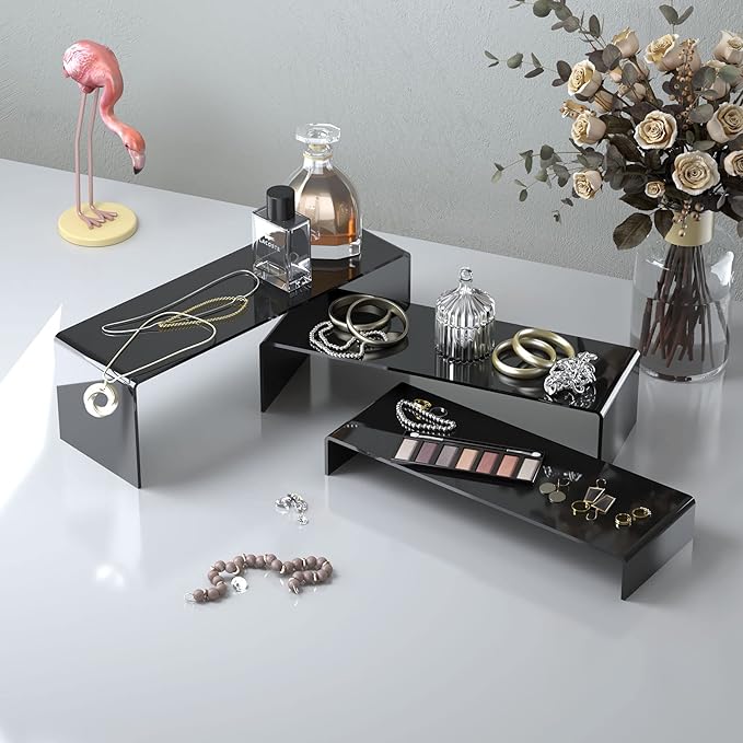 ANDGOO 6Pcs Large Acrylic Risers, 2 Set(11.2”L~11.6”L~12”L) Black Rectangular Showcase Collectibles Display Shelf, Retail Desktop Display Stand for Organize and Decoration