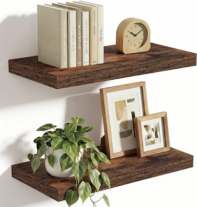 Vivelove 10 Inch Deep Floating Shelves 16 inch Long, 16 x 10 Wide Wall Shelves with Invisible Brackets, for Bedroom Bathroom Living Room Kitchen Office, Farmhouse Home Decor, Set of 2, Rustic Brown