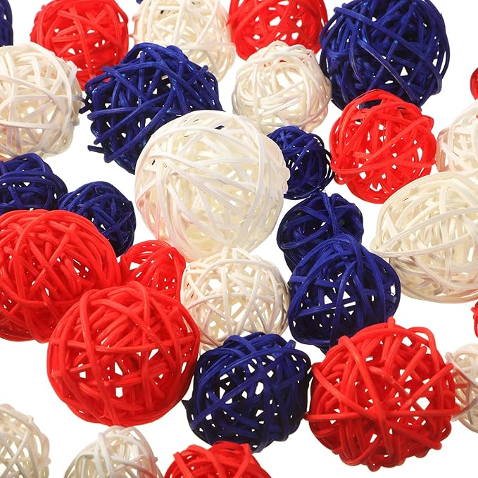 Patelai 36 Pcs Wicker Rattan Balls Decorative Balls for Vase Centerpiece Bowls Orbs Filler for Home Decor,4 Sizes(Royal Blue, White, Red,2.4'',2'',1.6'',1.2'')