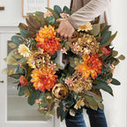 WANNA-CUL 24 Inch Spring Fall Wreaths for Front Door,Fall Wreath with Orange Hydrangea&Peony and Dahlia -Fall Decoration for Home-Fall Decor Door Wreath for Valentines Day,Mothers Day,Autumn,Harvest