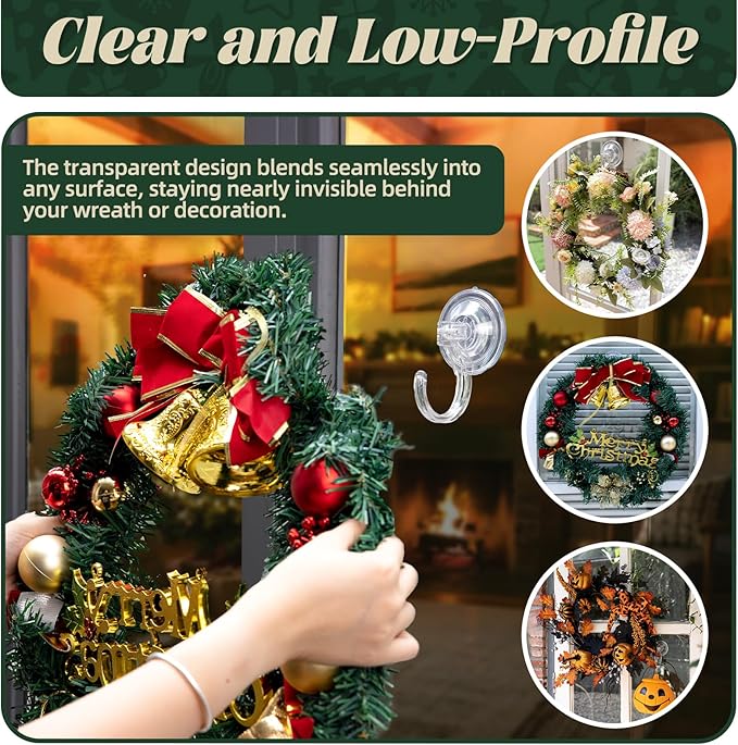 Amuille Wreath Hangers for Front Door, 2 Pack Large Suction Cup Wreath Hooks, Clear Wreath Hanger for Glass Window, Shower, Kitchen, Christmas Wreaths, Holds up to 18 lbs