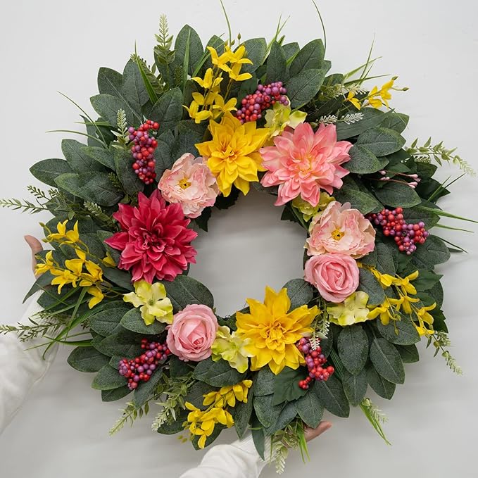 Spring Summer Eucalyptus Wreaths for Front Door Outside 24Inch Door Yellow Daisy Wreath with Sunflower Peony Dahlia Green Leaves for All Season Indoor Outdoor Home Farmhouse Porch Wall Window Decor