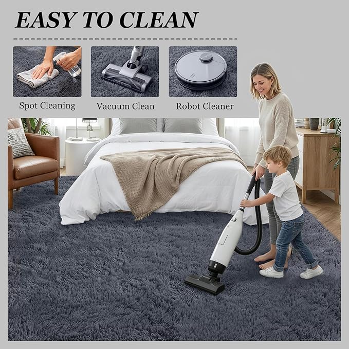 Fluffy Area Rugs 9x12 Living Room Bedroom: Ultra Soft Shag Rug Upgrade Non-Slip Non-Shedding Large Fuzzy Plush Carpet Indoor Floor Carpets for Kids Room Playroom Nursery Dorms Home Decor Grey