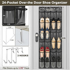 Over the Door Shoe Organizer - Space Saving Shoe Rack for Closet Door with 24 Crystal Clear Pockets and Metal Hooks, Shoe Holder Back of Door Organizers for Shoes, Hanging Shoe Organizer (Black)