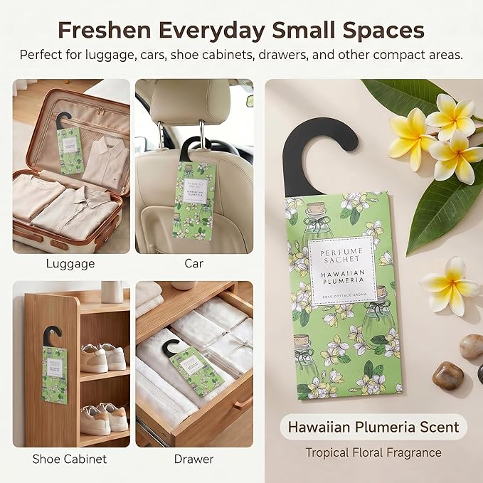 ROSE COTTAGE Large 12 Packs Hawaiian Plumeria Hanging Closet Air Freshener Scented Sachets Long Lasting Smell Goods