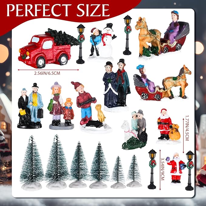 Wettarn 26 Pcs LED Christmas Villages Houses Sets Xmas Figurines Decoration Lighted LED Christmas Village Houses Building Collectible Home Decoration Xmas Gifts Indoor Room Decor