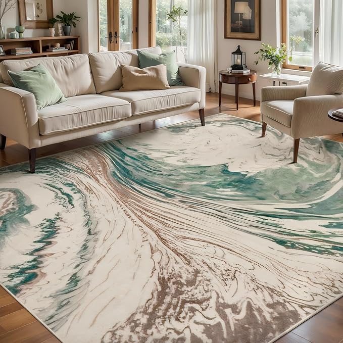 Ciicool Abstract Swirl Area Rug Indoor, 5x7 Washable Entryway Rug, Modern Soft Throw Entry Rug with Non-Slip Backing for Bedroom Living Room Entrance Kitchen, Low-Pile Floor Carpet Doormat Green