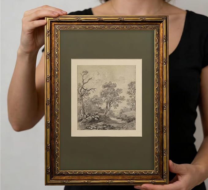 Vintage Gold Framed Wall Art Tree Forest Landscape Painting Canvas Prints Green Gray Tree Natural Sketch Picture Rustic Farmhouse Poster Artwork for Living Room Bedroom Bathroom, 9x11in