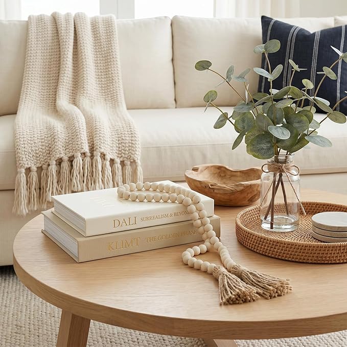 Decorative Fake Books Storage Set - 3-Piece Linen Coffee Table Decor (2 Faux Books + 1 Wood Bead Garland), Neutral Boho Japandi Room Styling Props for Bookshelf & Entryway (Khaki/Off-White)
