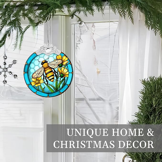 2025 Christmas Ornaments, Christmas Tree Ornaments Acrylic, Faux Stained Glass Effect White Elephant Gifts Exchange, Unique Suncatcher Xmas Stocking Stuffers for Women, Men (Bee)