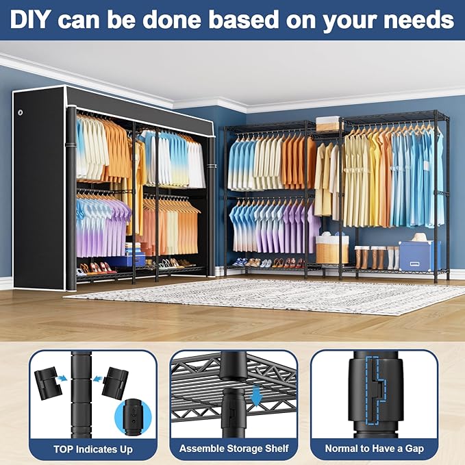 Ulif E12C Max Heavy Duty Closet Organizer System，Freestanding Clothing Rack, Adjustable Garment Rack 83" W x 16" D x 76.5" H Holds 1060 lbs, Black Clothing Rack with Black Dustproof Cover