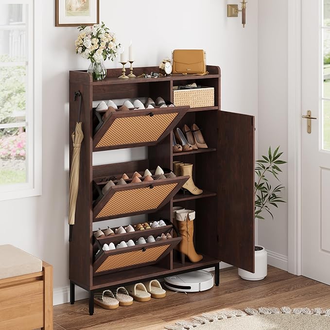GarveeHome Shoe Cabinet Rattan with 3 Flip Drawers and 4-Tier Shoe Storage Cabinet, Freestanding Shoe Organizer with Adjustable Shelves for Entryway, Closet, Hallway