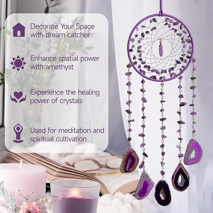 Purple Dream Catchers Amethyst Crystal Dreamcatcher Sun Catchers with Crystals Wall Window Hangings Bedroom Home Decor Gift for Girls Boys Adults