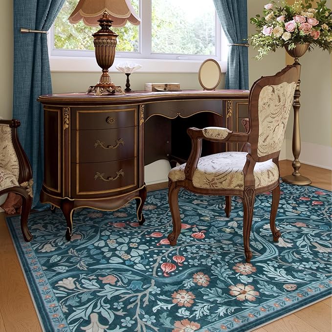 Moynesa Floral Washable Rug, Boho 5x7 Area Rugs for Living Room, Non Slip Large Dining Room Rug Under Table, Botanical Ultra Thin Floor Carpet for Bedroom Home Office, Teal