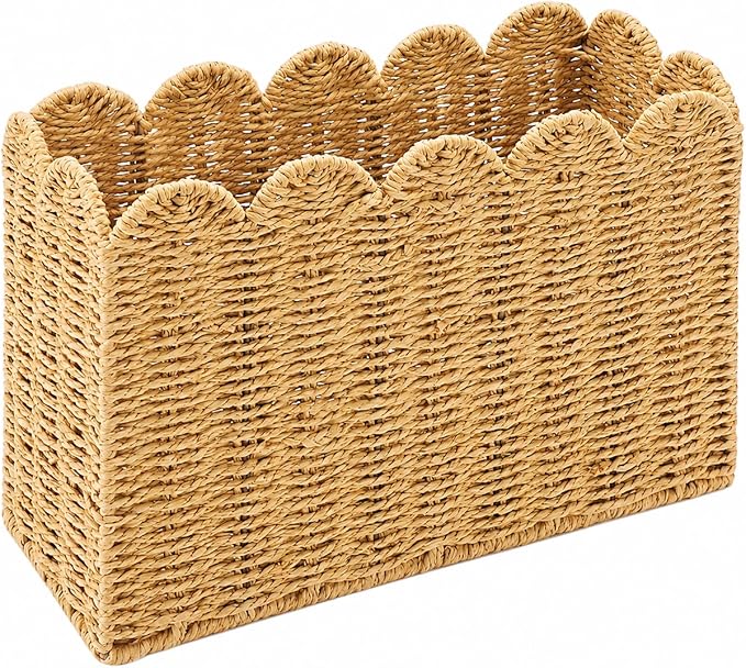 Paper Rope Magazine Holder for Floor with Scalloped Edge, Tall Narrow Wicker Magazine Basket – Book Basket, File Holder & Mail Basket for Living Room, Office & Bedroom