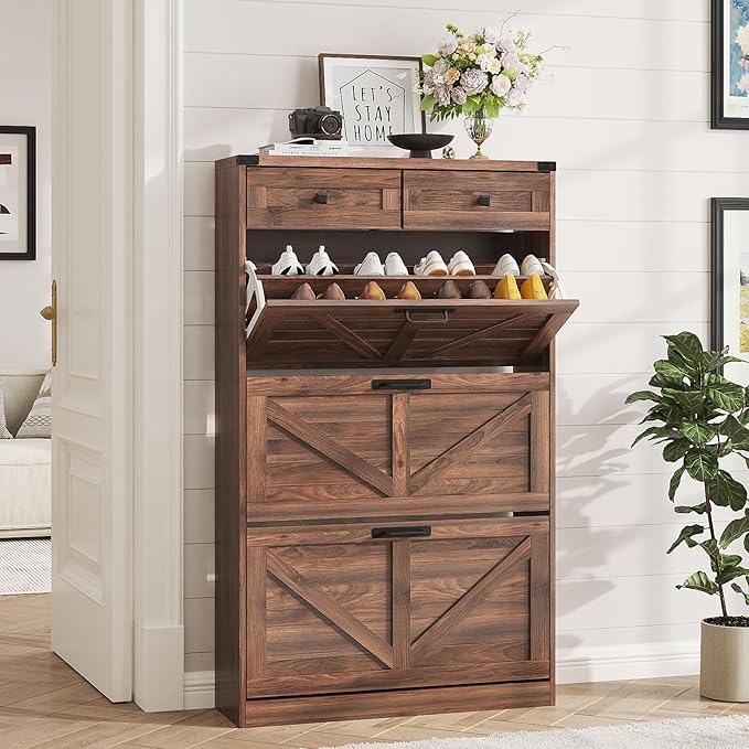 Shoe Cabinet with 3 Flip Drawers & 2 Drawers,Freestanding Shoe Storage Cabinet for Entryway,Farmhouse Narrow Slim Organizer Rack for Foyer,Hallway,Dark Walnut