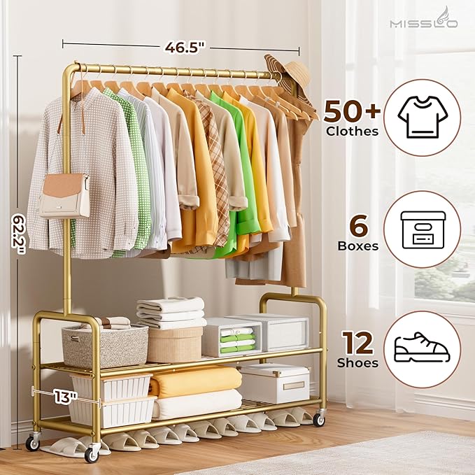 MISSLO Heavy Duty Clothes Rack with Shelves 46.5" Large Rolling Clothing Racks for Hanging Clothes, Garment, Coat, Gold