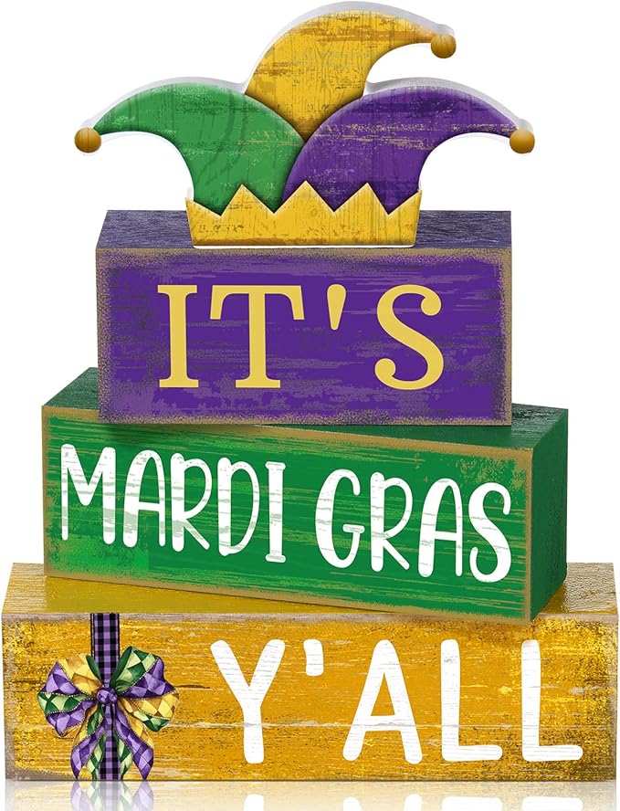 Lineshading 4 Pcs Mardi Gras Table Decorations Wooden Jester Hat Purple Golden Green Carnival Tiered Tray Decor Mardi Gras Centerpieces Decorative Hat Block Signs for Home Masquerade Party Kitchen