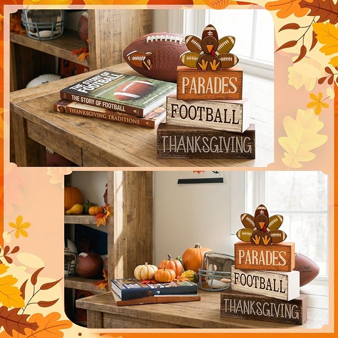 Lineshading 4 Pcs Fall Table Decorations for Home Thanksgiving Football Turkey Wooden Stacked Sign Decor Thanksgiving Tiered Tray Decor Rustic Wooden Football Turkey Block Sign for Harvest Party Shelf