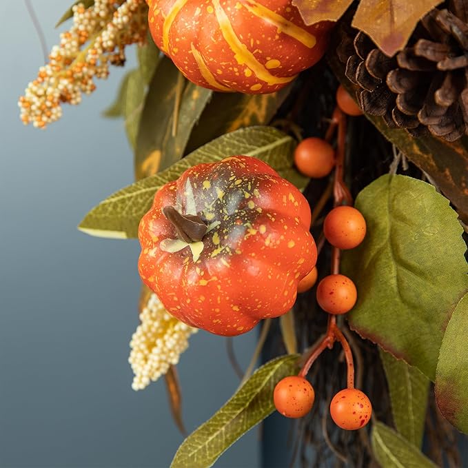 Glitzhome 2 Pcs Fall Teardrop Swags for Front Door, Artificial Wall Decorative Swags with Leaf & Pumpkins & Pine Cones & Berries for Home Porch Wall Window Halloween Thanksgiving Indoor Outdoor Decor