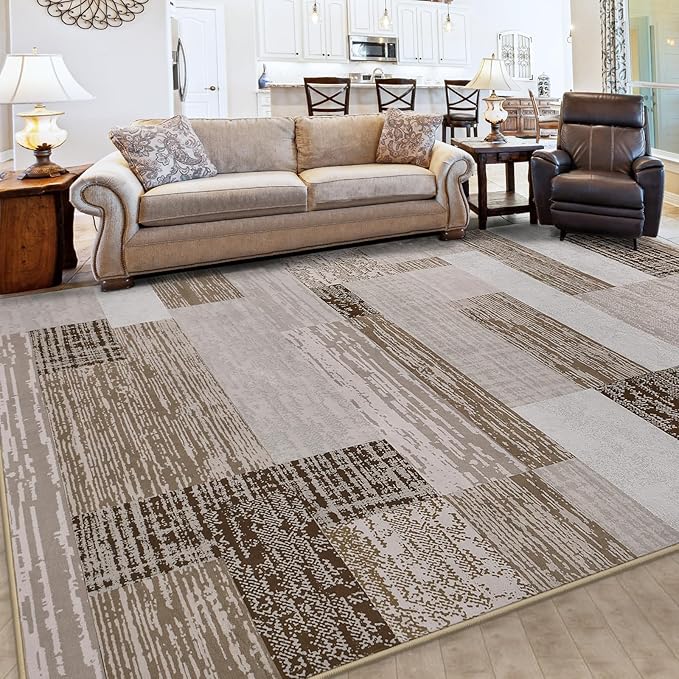 FlyDOIT Modern Geometric Patchwork Area Rug, 5x8 Beige Large Rugs for Living Room, Rockwood Collection Indoor Rugs for Bedroom, Throw Carpet Floor Decor for Entryway Dining Room Office Nursery