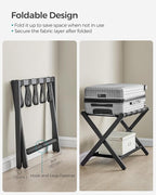 SONGMICS Bamboo Luggage Rack for Guest Room, Set of 2, Folding Suitcase Stand with Fabric Storage Shelf, for Hotel, Bedroom, Heavy-Duty, Holds up to 131 lb, Ink Black URLR007B02