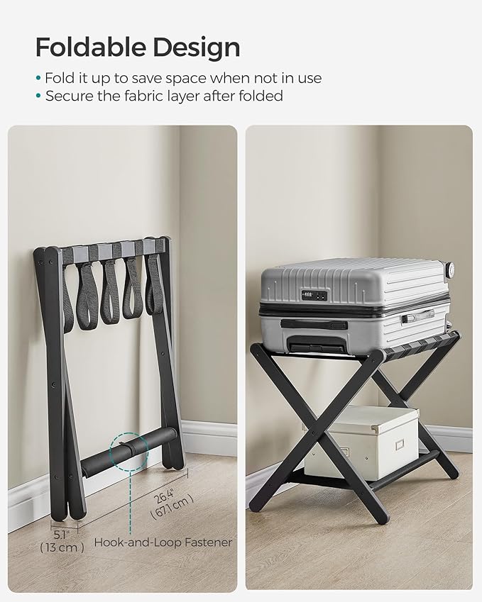 SONGMICS Luggage Rack, Folding Suitcase Stand with Storage Shelf, for Guest Room, Hotel, Bedroom, Heavy-Duty, Holds up to 131 lb, Classic Black URLR007B01