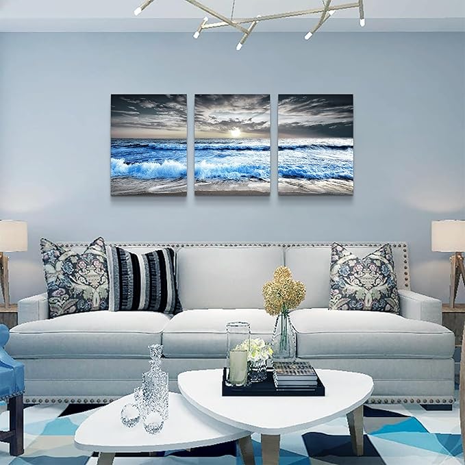 MHARTK66 3 Panel Blue Beach Canvas Wall Art for Home Decor Bedroom Wall painting Sunset White Wave Beach Pictures on Canvas Sea View Canvas Prints Artwork for Wall Decor Living Room Decorations