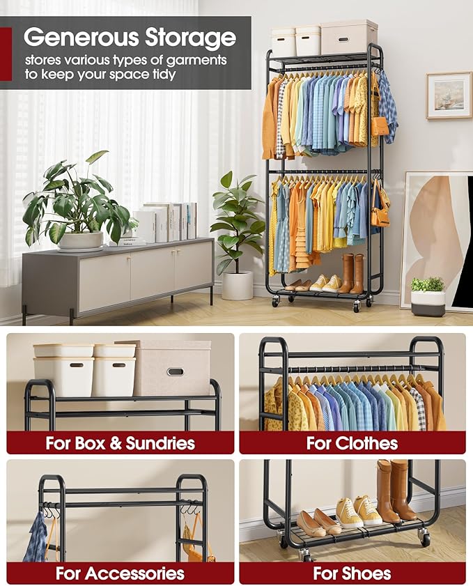 Stylish Clothes Rack - Rust-Proof Clothing Rack with Shelves, Hangers, Removable Hooks, Anti-Tip Wardrobe Closet with Lockable Wheels & Wall Anchor for Bedroom, 33.0" x 12.6" x 78.7", Black